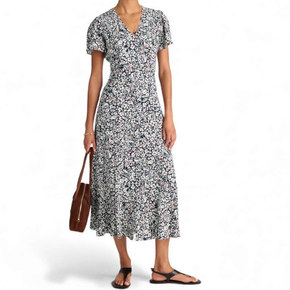 Madewell NWT Floral Midi Dress Size 2 Black V-Neck Short Sleeve Fit & Flare